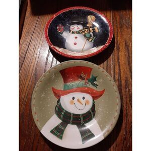 Vintage Set 2 Studio 33 Handcrafted Snowman Christmas Holiday Winter Plates